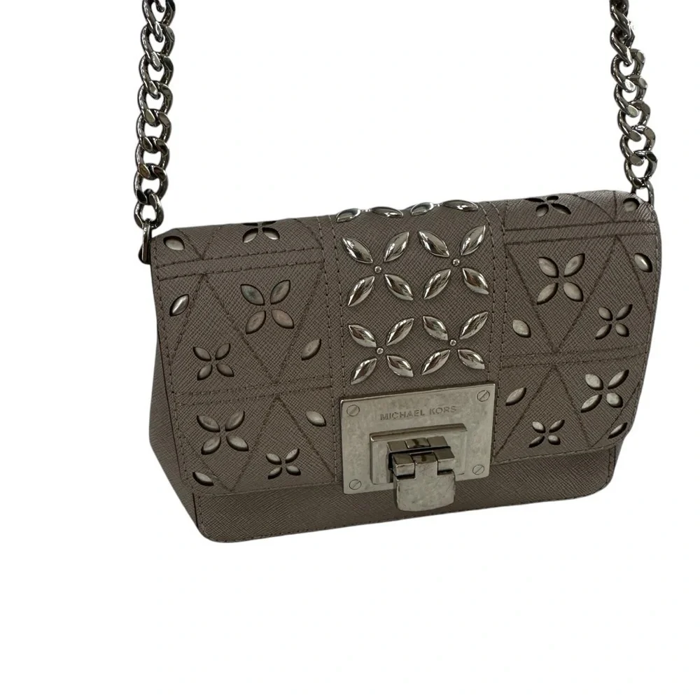 MICHAEL KORS Pearl Grey Tina Clutch Cross Body Leather Handbag